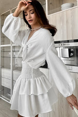 Tie-Front White Long-Sleeve Mini Dress