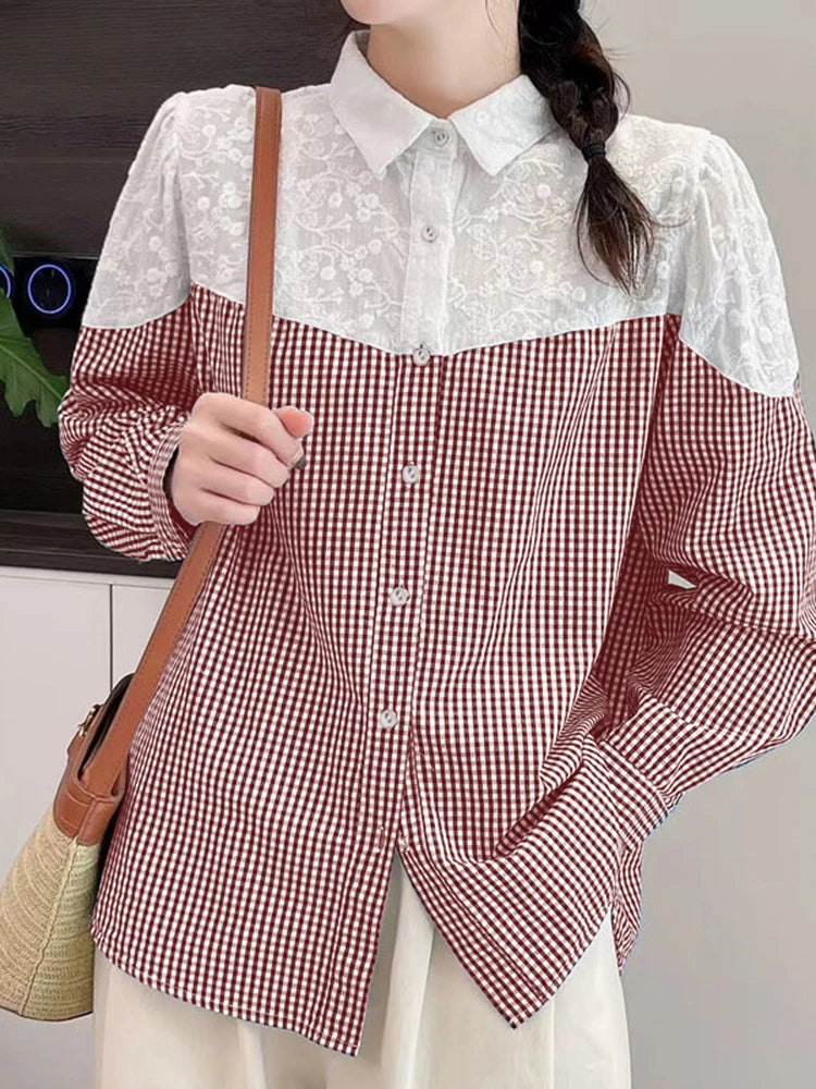 Lace Stitching Plaid Long Sleeve Blouse Bohemian Blouse Wine Red / S blouse-250126