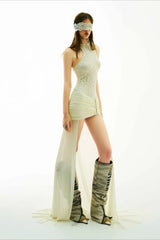 Lace High Neck Asymmetric Train Maxi Dress