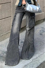 Black Pocket Design Low Waist Workwear Jeans