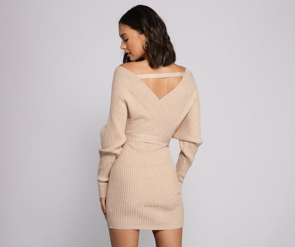 Ribbed Knit Tie-Front Charming Mini Sweater Dress Sweaters-L