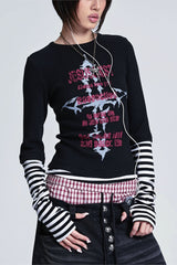 Gothic Plaid Layered Graphic Long Sleeve T-Shirt