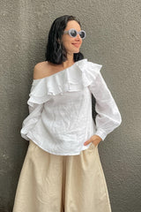 Slash Neck Ruffle Trim Blouse