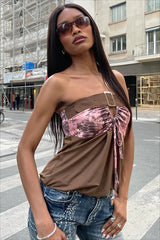 Abstract Print Contrast Panel Strapless Crop Top