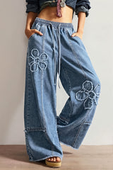 Floral Embroidered Drawstring Jeans