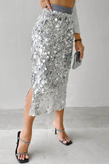 Solid Sequin High Waist Midi Christmas Skirt