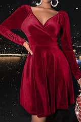 Velvet Solid Long Sleeve V-neck Midi Dress