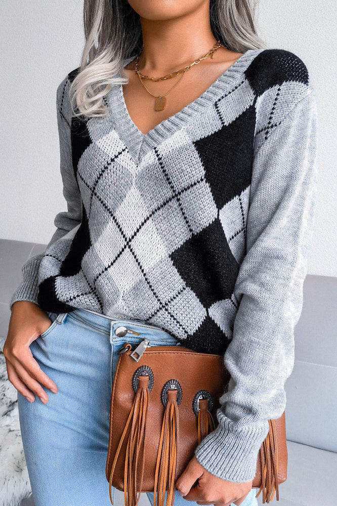 Argyle V Neck Knit Pullover Sweater