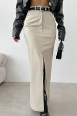 High-Waist Khaki PU Skirt