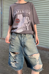 Distressed Frayed Hem Mid Length Denim Shorts