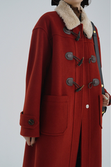 Vintage Horn Button Shearling Collar Red Christmas Outerwear