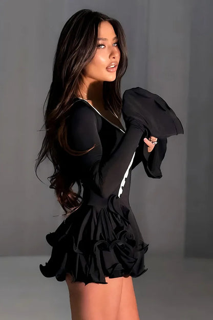 V Neck Pleated Mini Dress