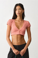 Button Front Ribbed V Neck Fitted Crop Top