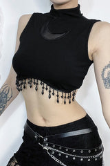 High Neck Sleeveless Moon Cutout Fringe Crop Top