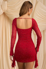 Sequined Beaded Square Neck Long Sleeve Bodycon Party Dress