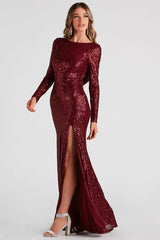 Sexy Long Sleeve High Slit Maxi Beaded Sequin Dress
