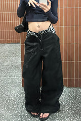 Leopard Waist Washed Wide Leg Jeans