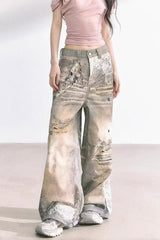 Lace Panel Wide Leg Denim Jean