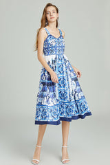 Blue White Porcelain Positioning Retro Printing Three Dimensional Tube Top Strap Dress High Waist Dress