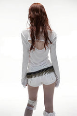 Wing Print Wide Neck Asymmetric Long T-Shirt