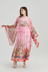 Vintage Court Style Round Neck Trumpet Long Sleeve Loose Printed Dress Tencel Long Dress
