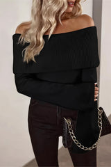 Foldover Off Shoulder Ribbed Fitted Sweater