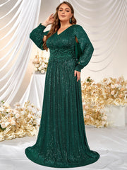 Plus Size Evening Dress Sequined V neck Split Long Sleeve Prom Evening Gown Mopping Dress