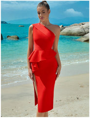 Bandage Dress Evening Dress Bandagedress Dress One Shoulder Ruffled Slit Party
