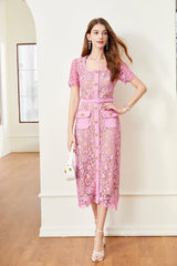 Solid Color Lace Button Dress