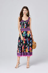 Positioning Vintage Printed Three Dimensional Strapless Strap Dress Back Rubber Strap High Waist Dress