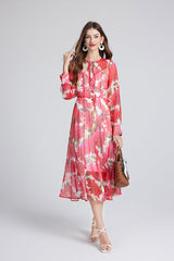 Gorgeous Red Flower Print Elegant High End Dress Sling Set