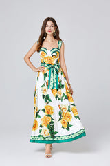 Printed Three Dimensional Chest Pad Sling Dress Slim Fit High Waist Large Swing Dress