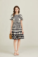 Elegant Crew Neck Short Sleeve Belted A Line Dress