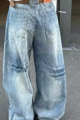 Curved Cut Wide Leg Distressed Jean