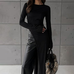 Irregular Asymmetric Slit Solid Color round Neck Long Sleeved