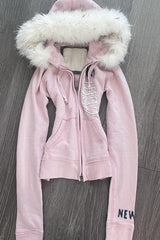 Pink Fur Trim Embroidered Zip-Up Hoodie