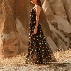 Five Pointed Star Mesh Camisole See Through Dress Maxi Dress