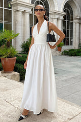 Halter Tie Waist Full Skirt Cotton Maxi Dress