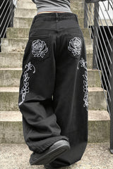Rose Embroidered Gothic Wide Leg Jeans