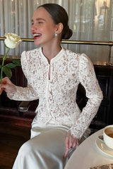 Lace Hollow Out Puff Sleeve Knit Blouse