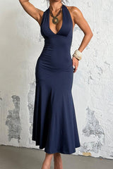 Halter Deep V Backless Midi Dress