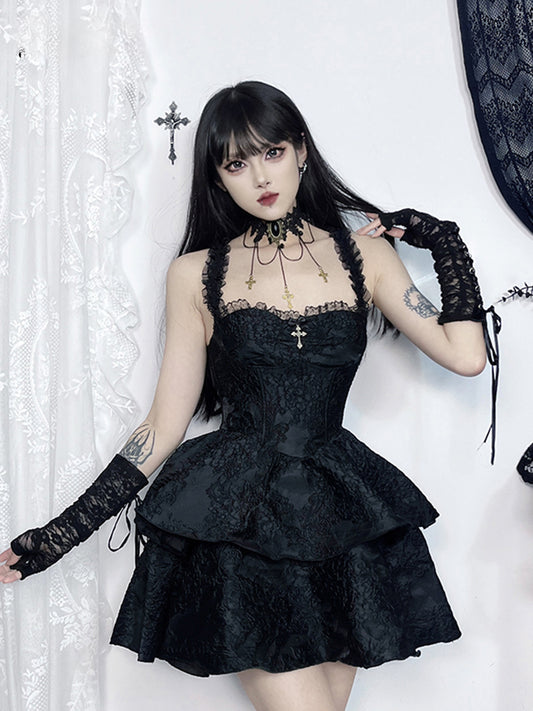 Vintage Gothic Jacquard Double Cake Lace Backless Suspender A Line Mini Dress