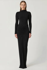Mock Neck Ruched Hip Column Maxi Dress
