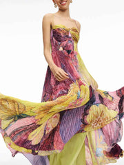 Vintage Art Hand-Painted Floral Print Pleated Maxi Dress