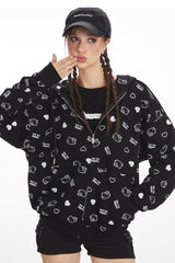 Loose Cat Print Zip Hoodie