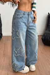 Frayed Star Applique Wide Leg Jeans