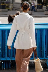 Cotton Linen Tie Long Sleeve Blouse