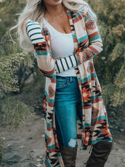 Multicolor Geometric Color Block Long Cardigan