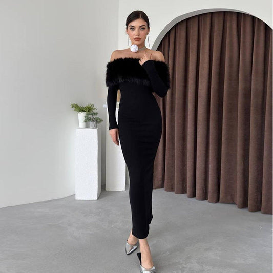 Onyx Fur Midi Dress - Black