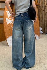 Star Print Washed Wide Leg Jeans